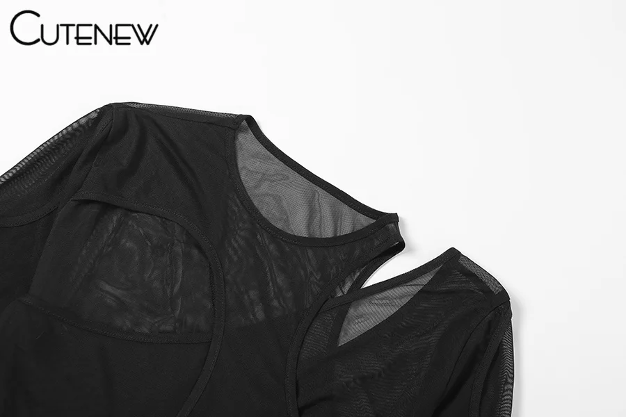 Solid Sexy Mesh See Through Irregular Hollow Bodysuit Women Fashion O-Neck Long Sleeves Stretch Club Party Lady Rompers