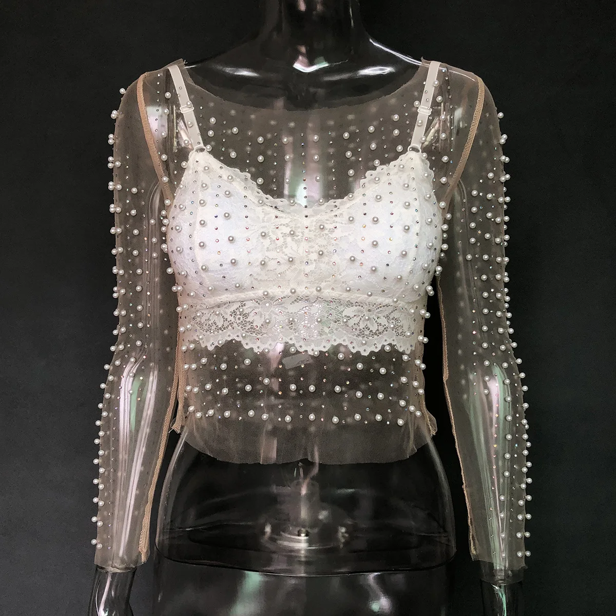 Luxury Crystal Sexy See Through Long Sleeve T-shirt Lace Night Party Club Cropped Top Lady Fashion Balck Streetwear 2025