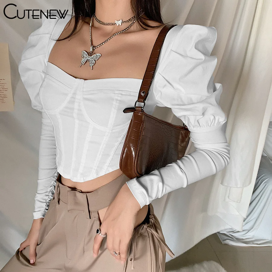 Elegant Romantic Irregular Croped Corset Top Women Stylish Puff Sleeve Vacation Crop Top Skinny Casual Streetwear Female