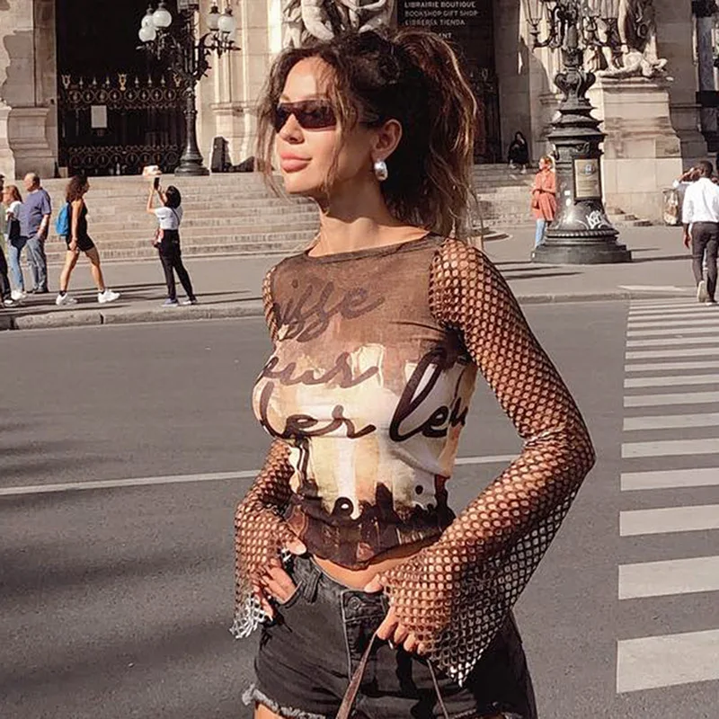 See Through Y2k Top Long Sleeve T Shirts For Women Clothing Mesh Patchwork Roupas Femininas Estilosas Slim Brown Ropa De Mujer