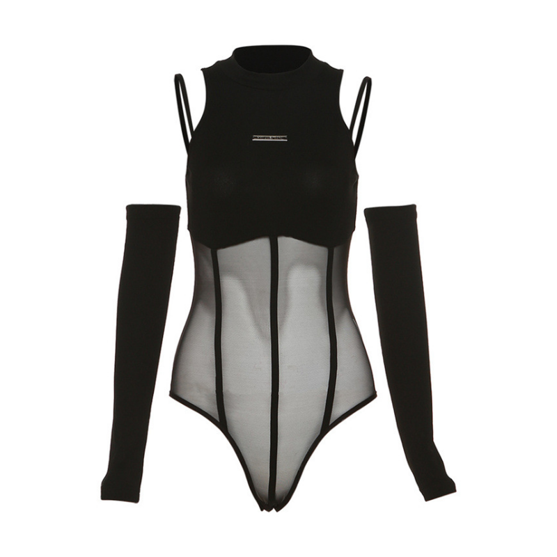 Black Bodysuit Lingerie Sexy Body Feminino See Through Corset Top Women Rave Outfit Mesh Patchwork One-Pieces Lenceria Femenina