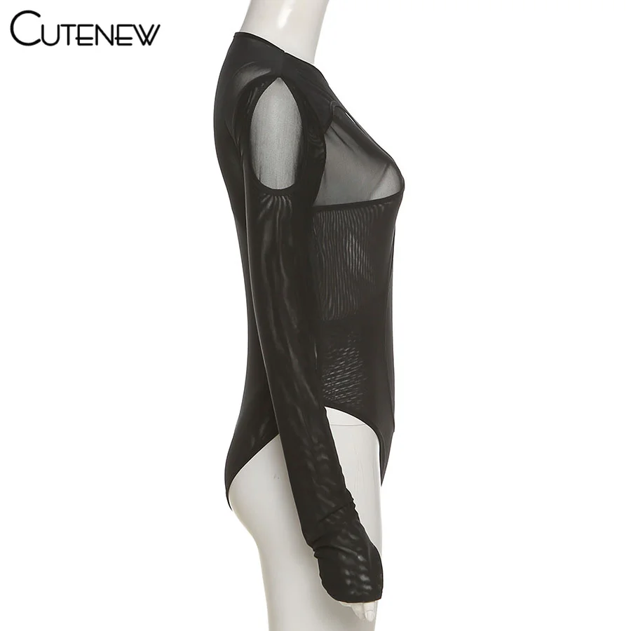 Solid Sexy Mesh See Through Irregular Hollow Bodysuit Women Fashion O-Neck Long Sleeves Stretch Club Party Lady Rompers
