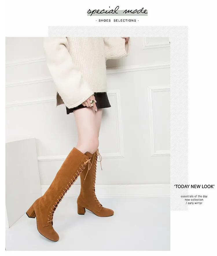 Women's High Boots 2021 Autumn Winter Shoes Square Heel Cross-tied Fashion Knee High Boots Ladies Modern Boot Size43 Women Shoes