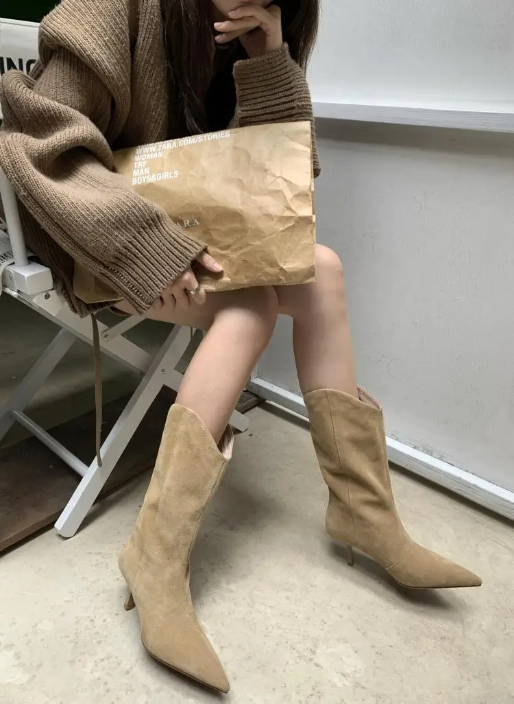 Women's Autumn Shoes Nubuck Leather Stiletto Mid-calf Boots Women Fashion Pumps Winter Black Pointed Toe High-heeled Boots Woman