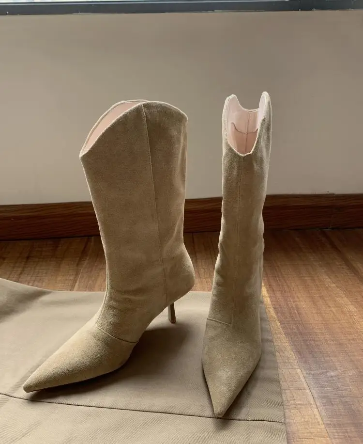 Women's Autumn Shoes Nubuck Leather Stiletto Mid-calf Boots Women Fashion Pumps Winter Black Pointed Toe High-heeled Boots Woman