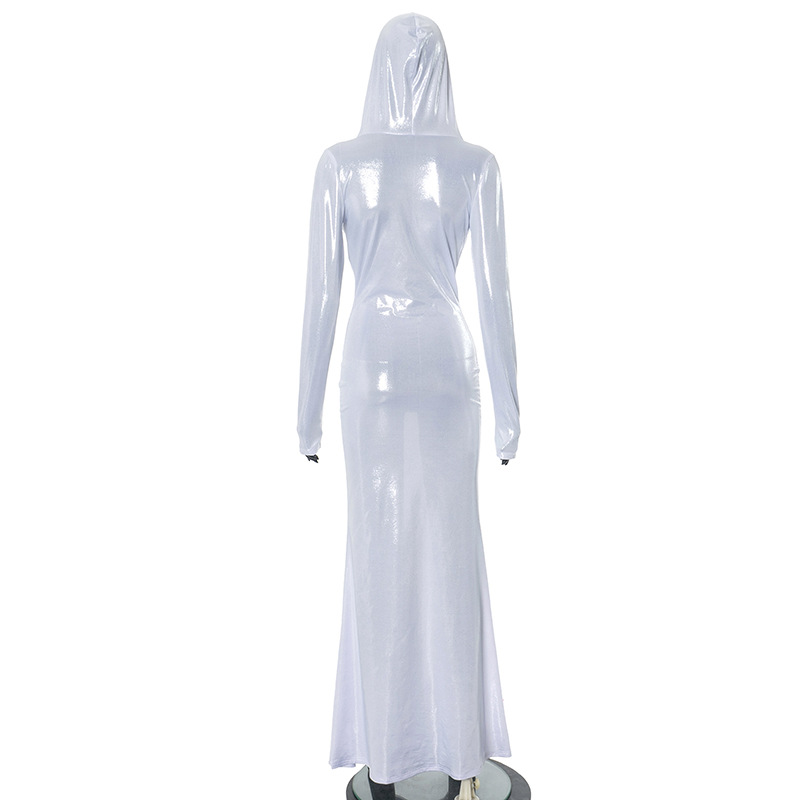 Women Trendy Unique White Long Sleeve Hooded Swing Collar High Waist Slim Fit Maxi Dress