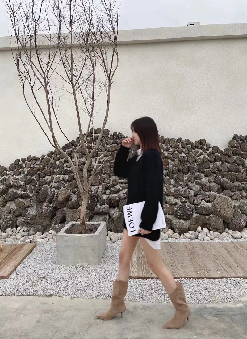 Women's Autumn Shoes Nubuck Leather Stiletto Mid-calf Boots Women Fashion Pumps Winter Black Pointed Toe High-heeled Boots Woman