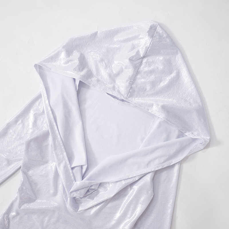 Women Trendy Unique White Long Sleeve Hooded Swing Collar High Waist Slim Fit Maxi Dress