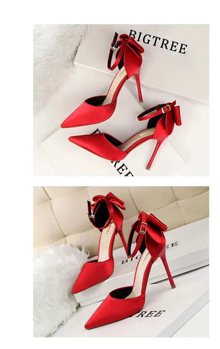 Shoes Bow Woman Pumps Silk High Heels Women Shoes Stiletto Red Wedding Shoes Women Heels Women Sandals 8cm and 10cm