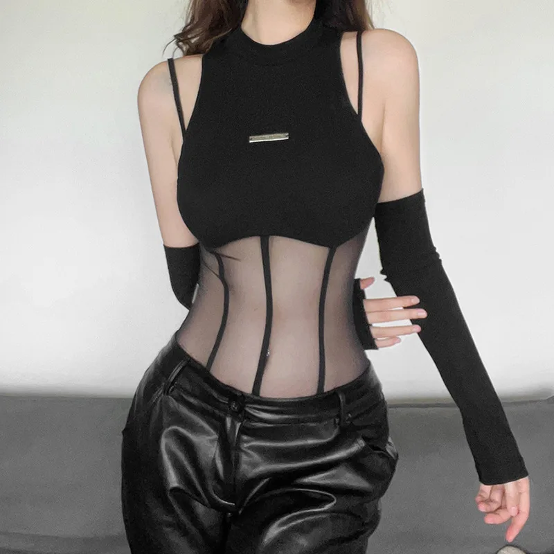 Black Bodysuit Lingerie Sexy Body Feminino See Through Corset Top Women Rave Outfit Mesh Patchwork One-Pieces Lenceria Femenina