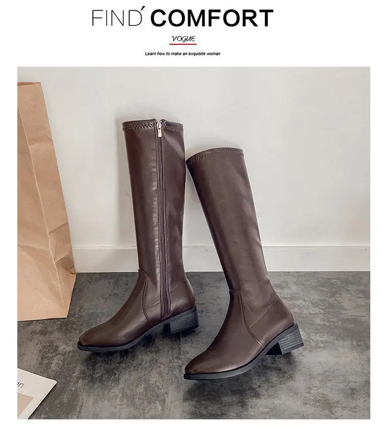 Knee High Boots Side Zipper PU Leather Booties Women Designer Shoes Autumn Winter Womens Fashion Knightly Boots Zapatos De Mujer