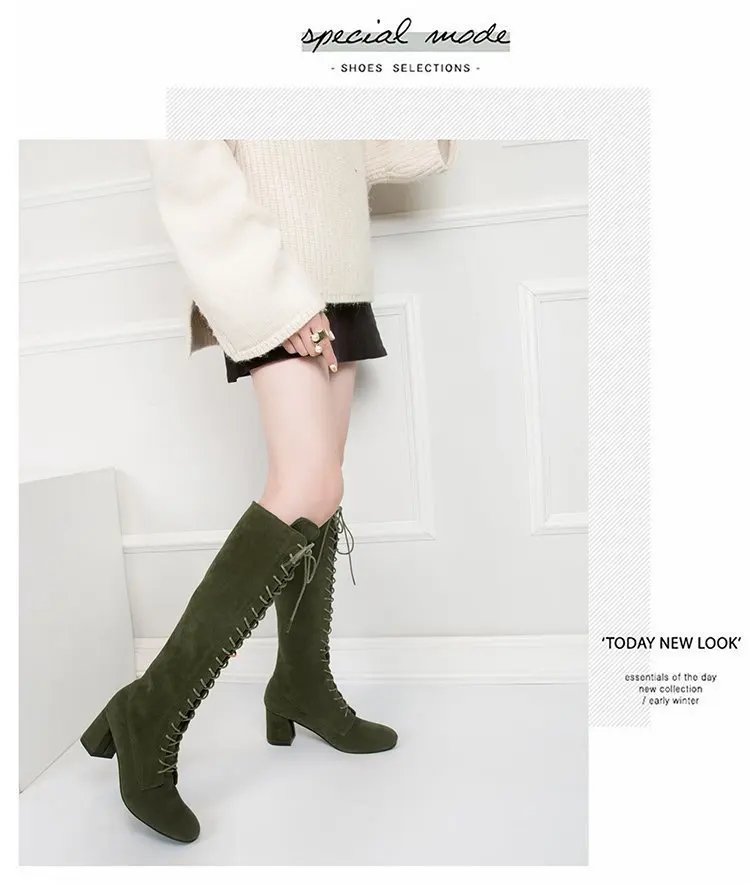 Women's High Boots 2021 Autumn Winter Shoes Square Heel Cross-tied Fashion Knee High Boots Ladies Modern Boot Size43 Women Shoes