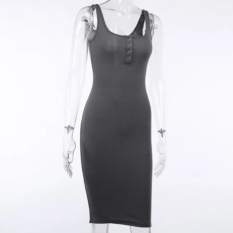 Women Knitted Elastic Knee-Length Dress V-Neck Sleeveless Elegant Button Vestidos Female Sexy Party Slim Dresses Summer