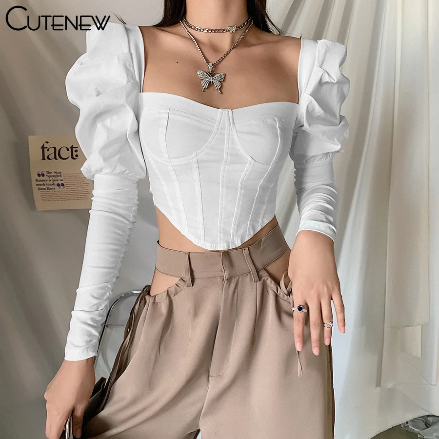 Elegant Romantic Irregular Croped Corset Top Women Stylish Puff Sleeve Vacation Crop Top Skinny Casual Streetwear Female