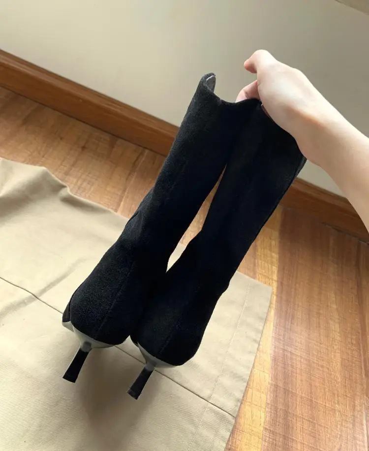 Women's Autumn Shoes Nubuck Leather Stiletto Mid-calf Boots Women Fashion Pumps Winter Black Pointed Toe High-heeled Boots Woman