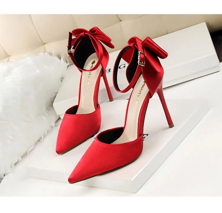 Shoes Bow Woman Pumps Silk High Heels Women Shoes Stiletto Red Wedding Shoes Women Heels Women Sandals 8cm and 10cm