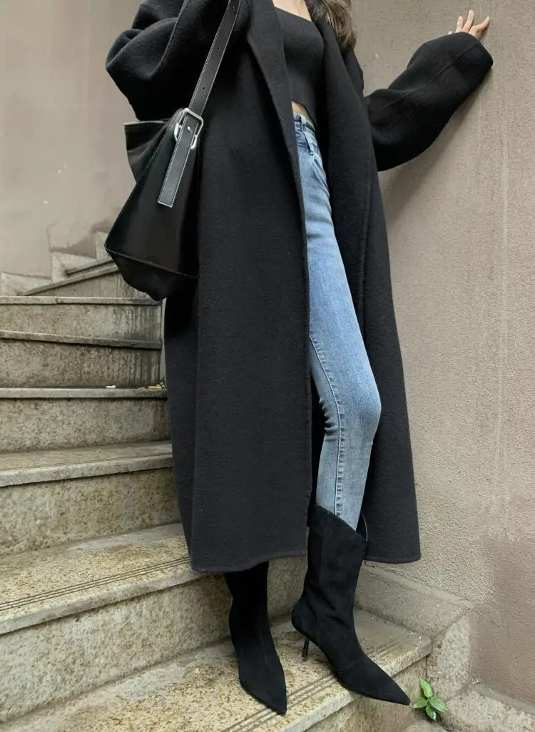 Women's Autumn Shoes Nubuck Leather Stiletto Mid-calf Boots Women Fashion Pumps Winter Black Pointed Toe High-heeled Boots Woman