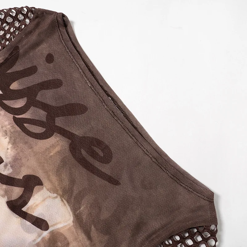 See Through Y2k Top Long Sleeve T Shirts For Women Clothing Mesh Patchwork Roupas Femininas Estilosas Slim Brown Ropa De Mujer