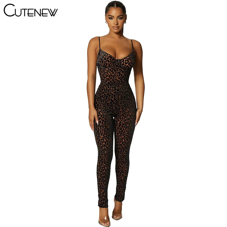Y2K Leopard Print Skinny Casual Strap Jumpsuits Women Fashion Sexy Sleeveless Backless Slim Stretch Lady Party Clubwear