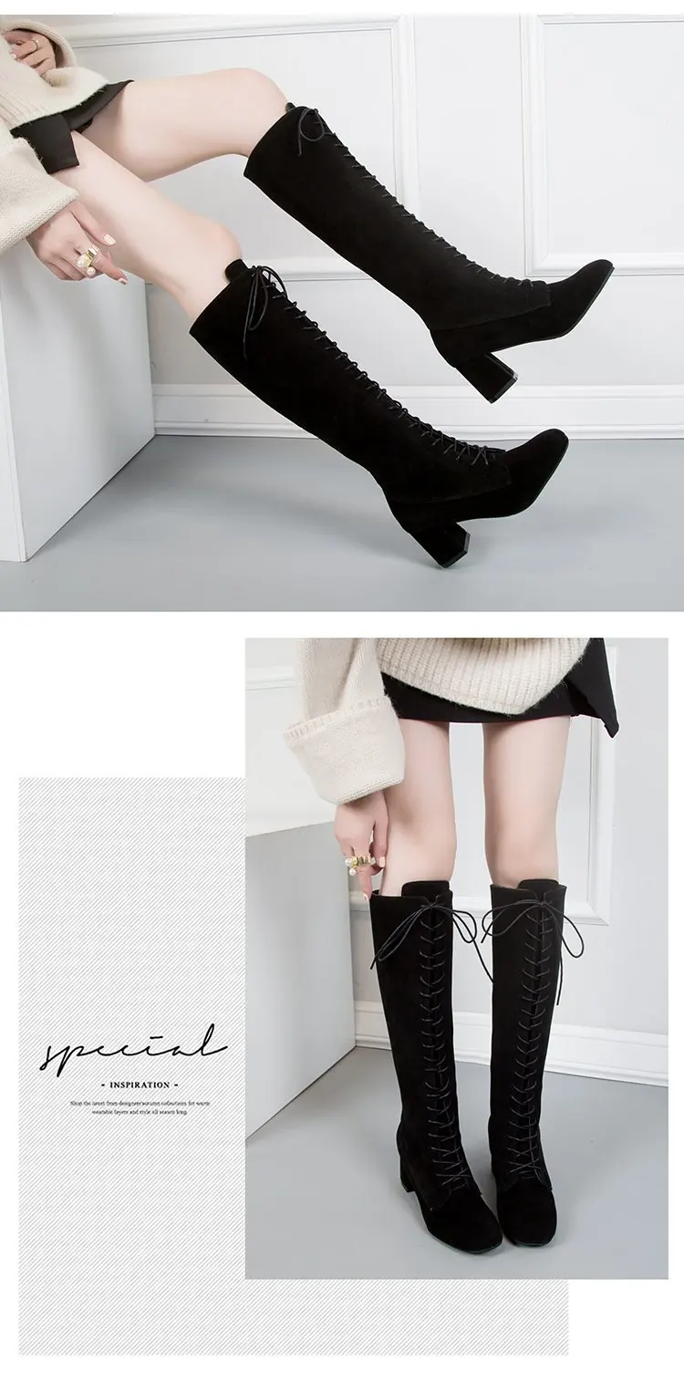 Women's High Boots 2021 Autumn Winter Shoes Square Heel Cross-tied Fashion Knee High Boots Ladies Modern Boot Size43 Women Shoes