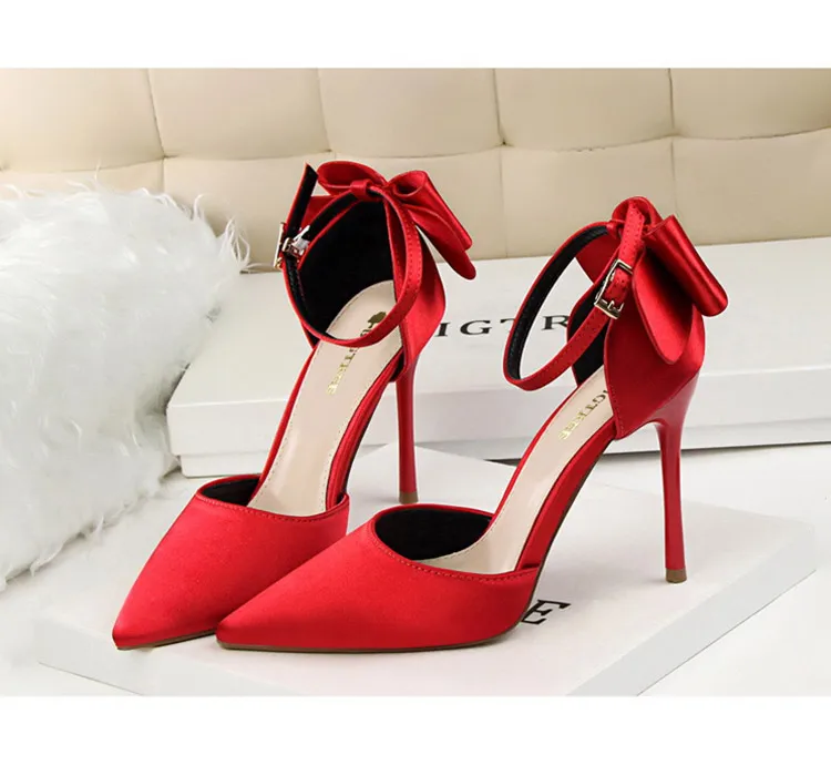 Shoes Bow Woman Pumps Silk High Heels Women Shoes Stiletto Red Wedding Shoes Women Heels Women Sandals 8cm and 10cm