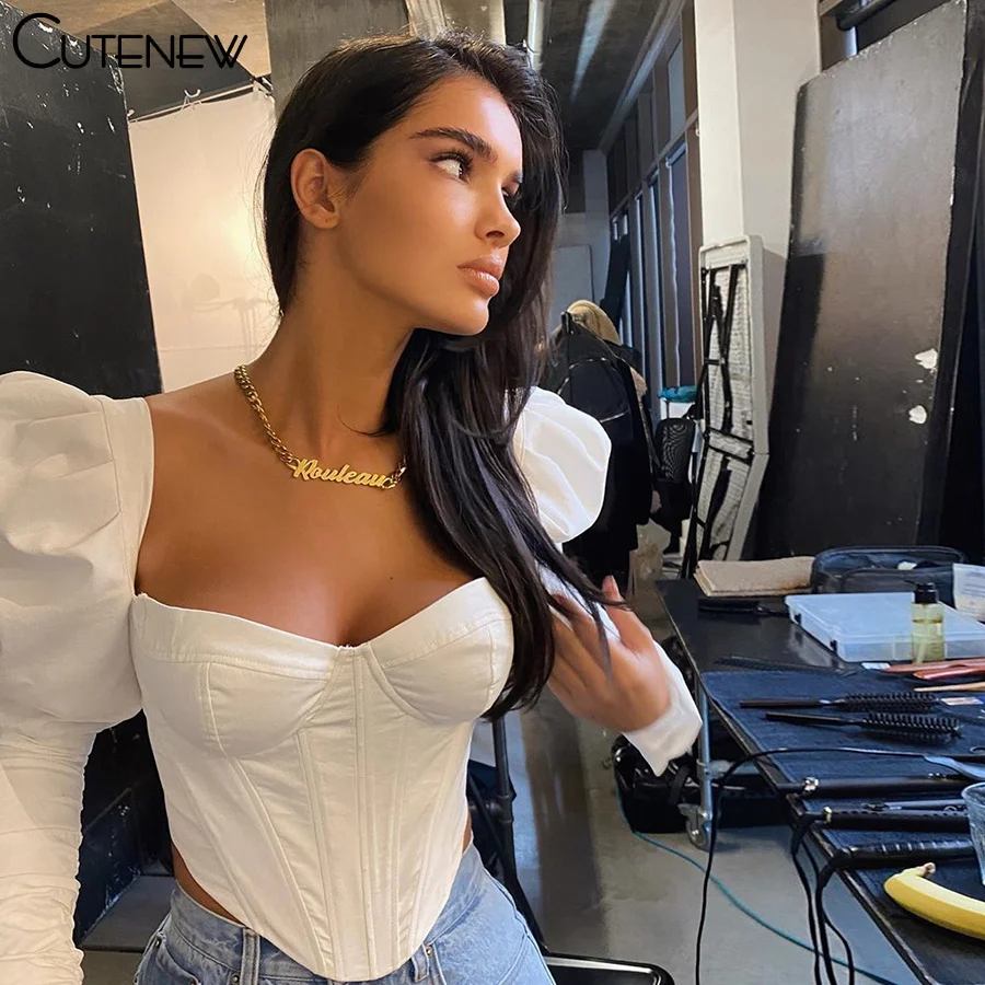 Elegant Romantic Irregular Croped Corset Top Women Stylish Puff Sleeve Vacation Crop Top Skinny Casual Streetwear Female