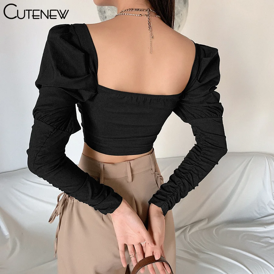 Elegant Romantic Irregular Croped Corset Top Women Stylish Puff Sleeve Vacation Crop Top Skinny Casual Streetwear Female