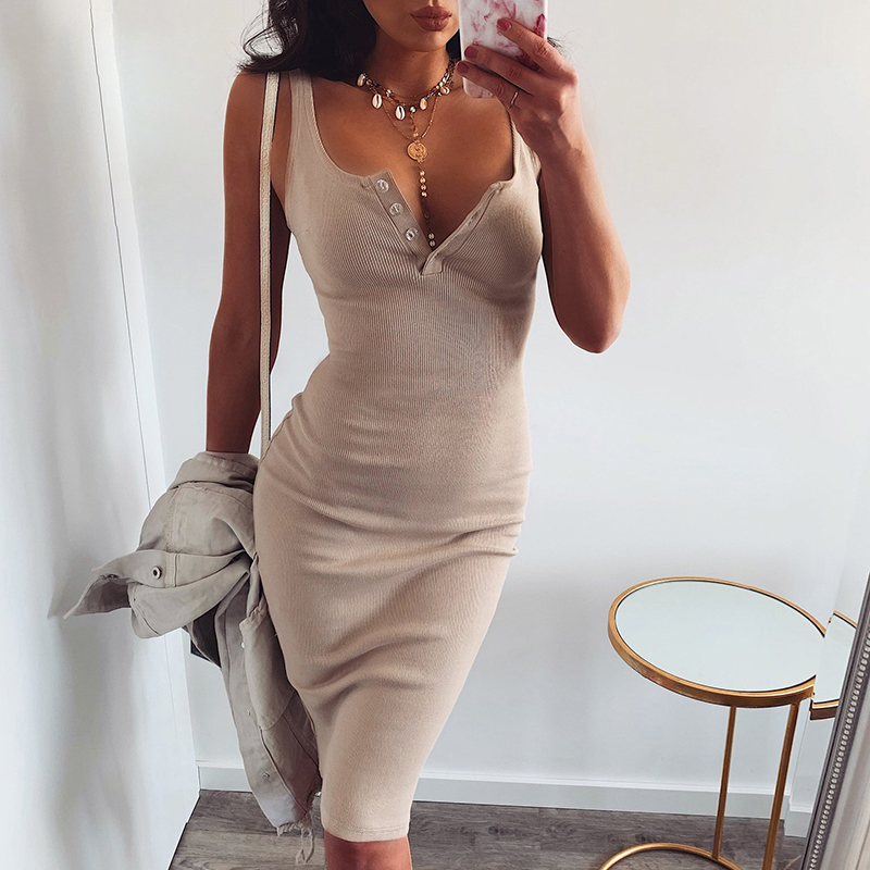 Women Knitted Elastic Knee-Length Dress V-Neck Sleeveless Elegant Button Vestidos Female Sexy Party Slim Dresses Summer