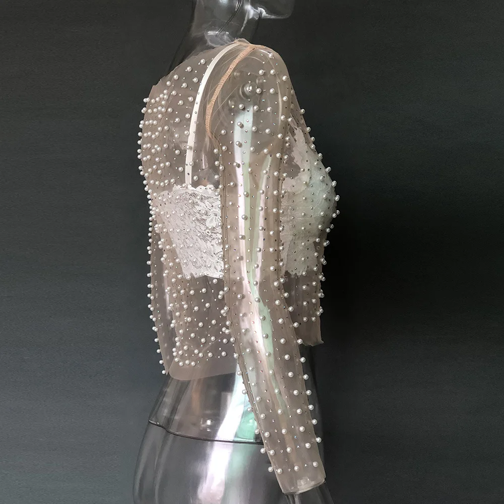 Luxury Crystal Sexy See Through Long Sleeve T-shirt Lace Night Party Club Cropped Top Lady Fashion Balck Streetwear 2025