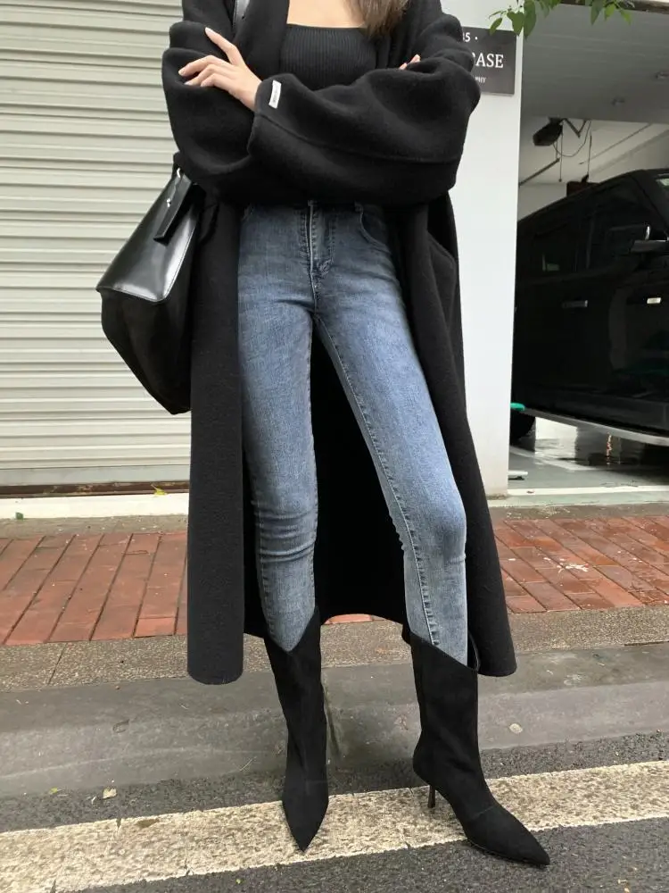 Women's Autumn Shoes Nubuck Leather Stiletto Mid-calf Boots Women Fashion Pumps Winter Black Pointed Toe High-heeled Boots Woman