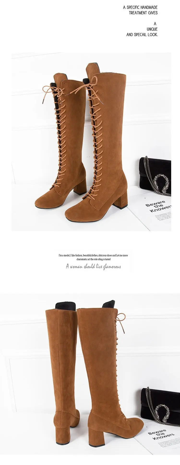 Women's High Boots 2021 Autumn Winter Shoes Square Heel Cross-tied Fashion Knee High Boots Ladies Modern Boot Size43 Women Shoes