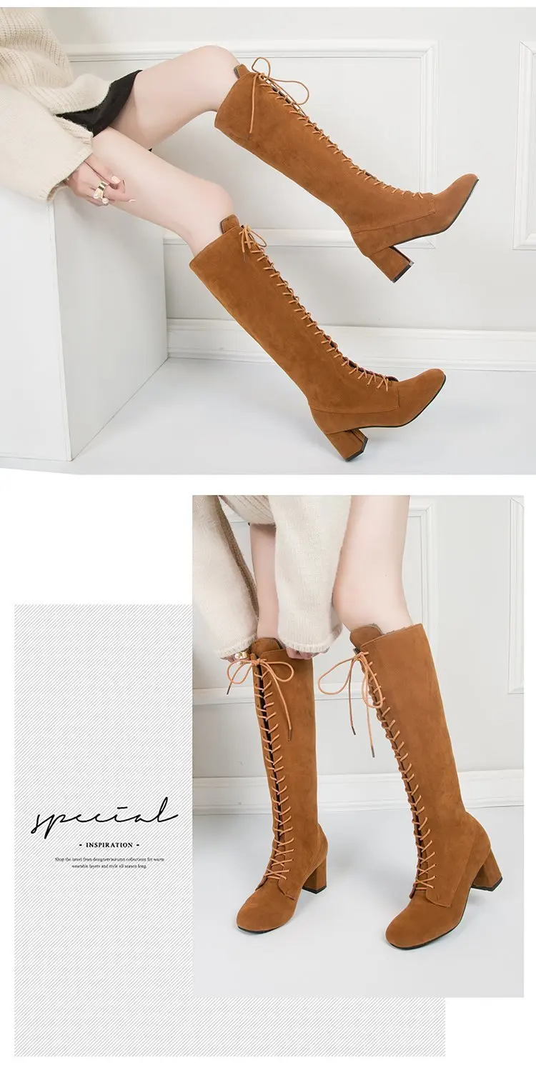 Women's High Boots 2021 Autumn Winter Shoes Square Heel Cross-tied Fashion Knee High Boots Ladies Modern Boot Size43 Women Shoes
