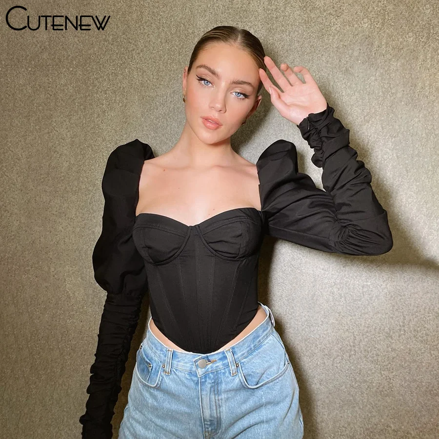 Elegant Romantic Irregular Croped Corset Top Women Stylish Puff Sleeve Vacation Crop Top Skinny Casual Streetwear Female