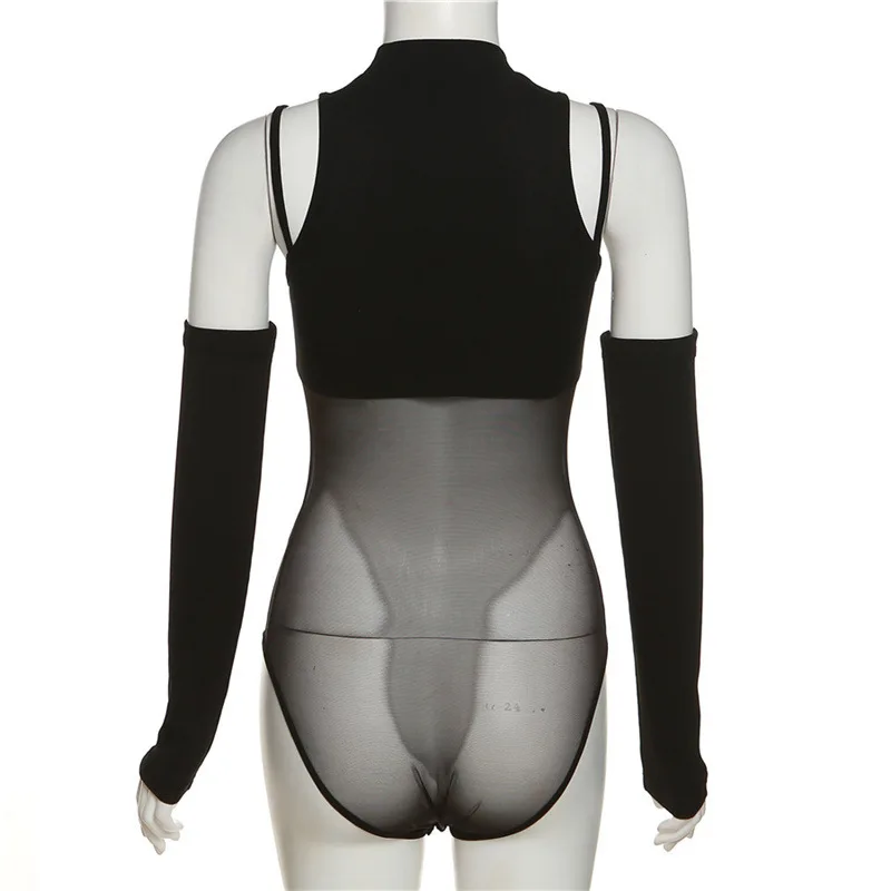 Black Bodysuit Lingerie Sexy Body Feminino See Through Corset Top Women Rave Outfit Mesh Patchwork One-Pieces Lenceria Femenina