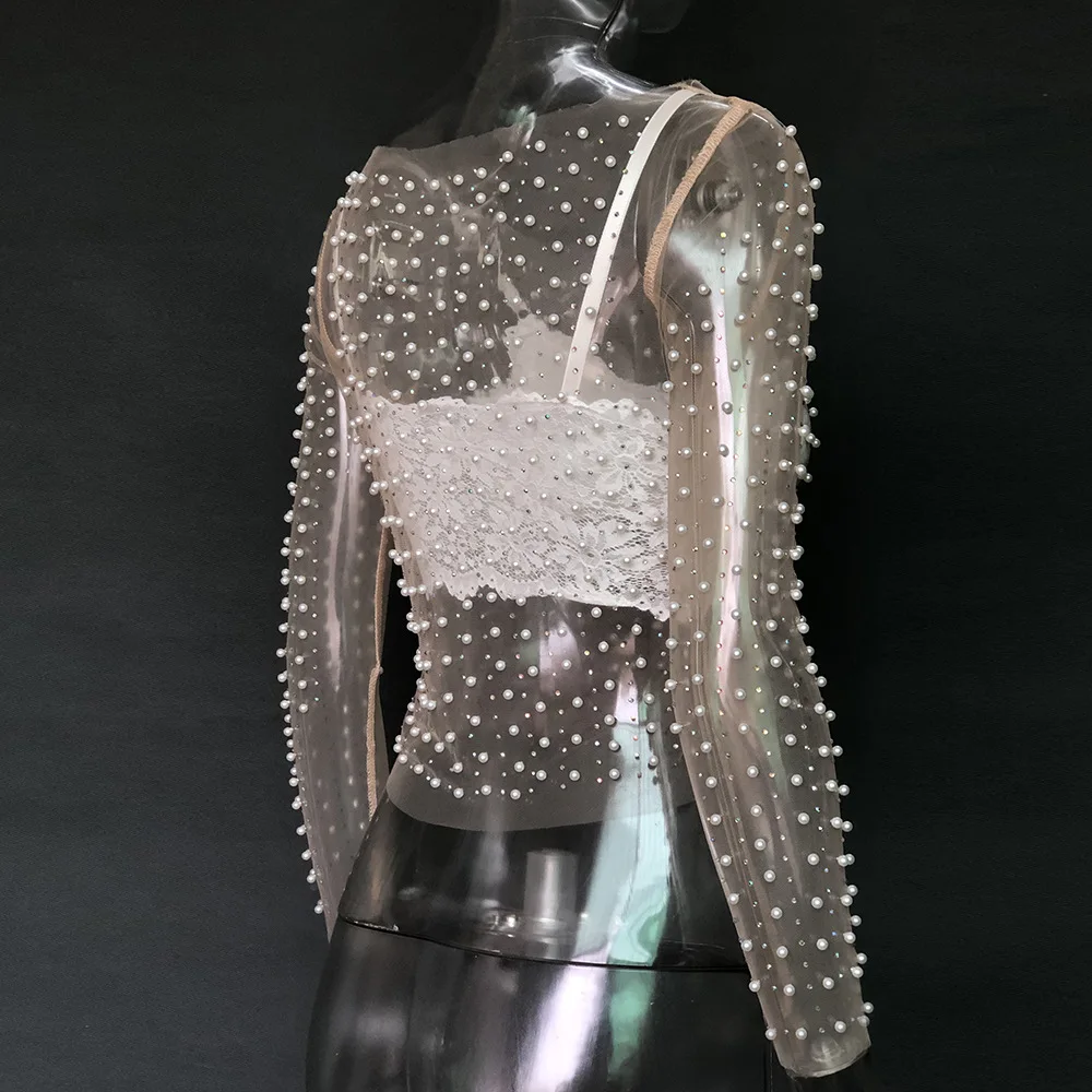 Luxury Crystal Sexy See Through Long Sleeve T-shirt Lace Night Party Club Cropped Top Lady Fashion Balck Streetwear 2025