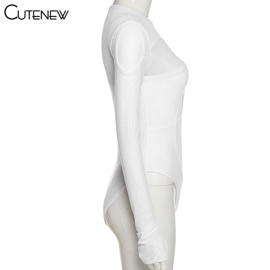 Solid Sexy Mesh See Through Irregular Hollow Bodysuit Women Fashion O-Neck Long Sleeves Stretch Club Party Lady Rompers