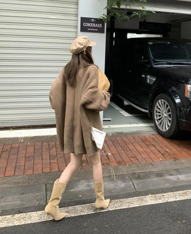 Women's Autumn Shoes Nubuck Leather Stiletto Mid-calf Boots Women Fashion Pumps Winter Black Pointed Toe High-heeled Boots Woman