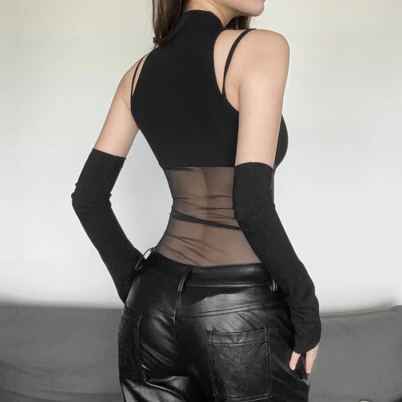 Black Bodysuit Lingerie Sexy Body Feminino See Through Corset Top Women Rave Outfit Mesh Patchwork One-Pieces Lenceria Femenina