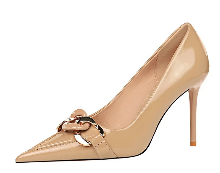 Shoes Fashion Women Pumps Patent Leather High Heels Metal Belt Buckle High Quality Pumps Women Party Shoes Stiletto