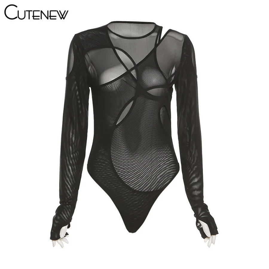 Solid Sexy Mesh See Through Irregular Hollow Bodysuit Women Fashion O-Neck Long Sleeves Stretch Club Party Lady Rompers