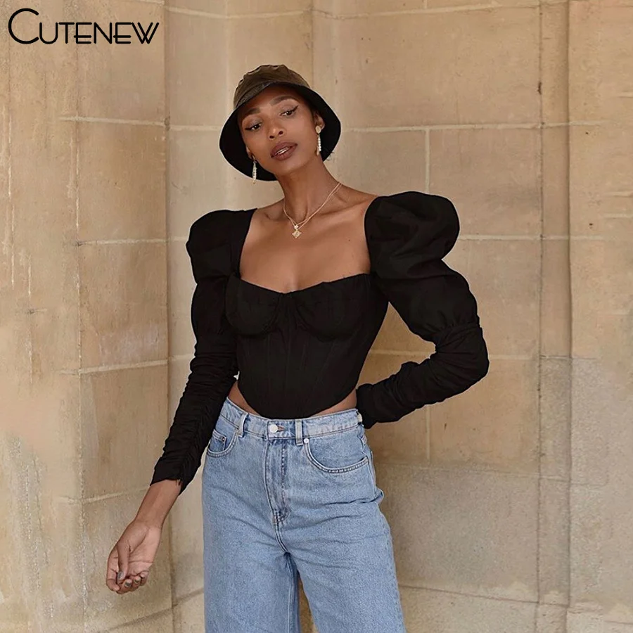 Elegant Romantic Irregular Croped Corset Top Women Stylish Puff Sleeve Vacation Crop Top Skinny Casual Streetwear Female
