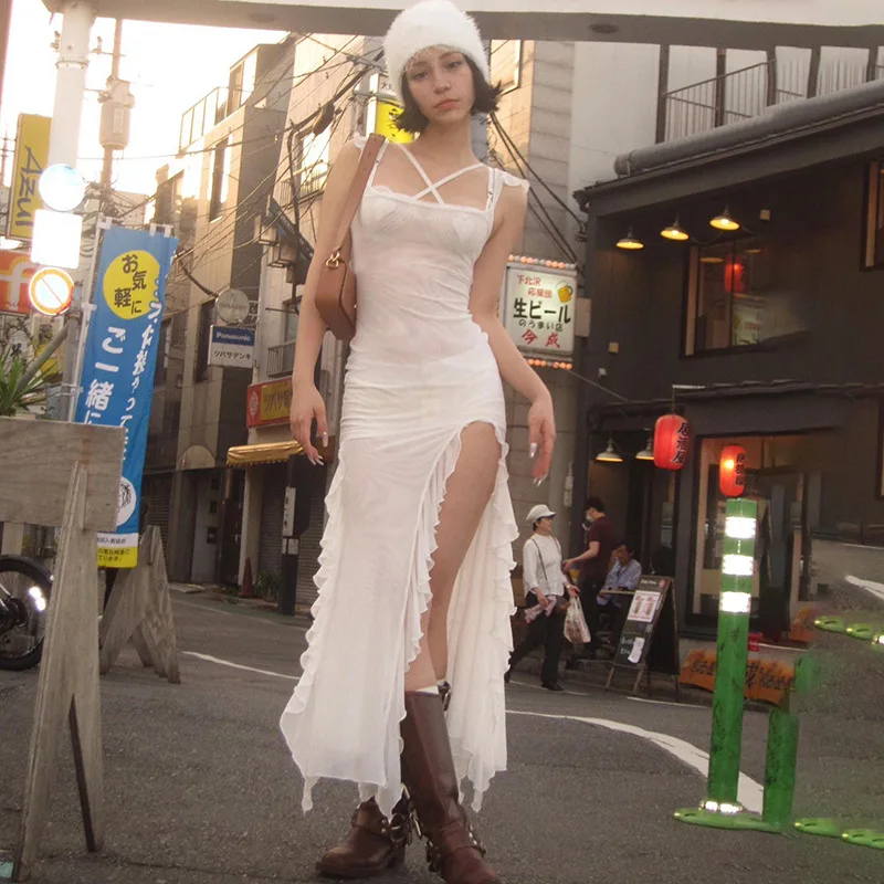 Bodycon Dress See Through Y2k Clothes Sleeveless Vestidos De Mujer Spaghetti Strap White Club Outfits For Women Sexy Streetwear