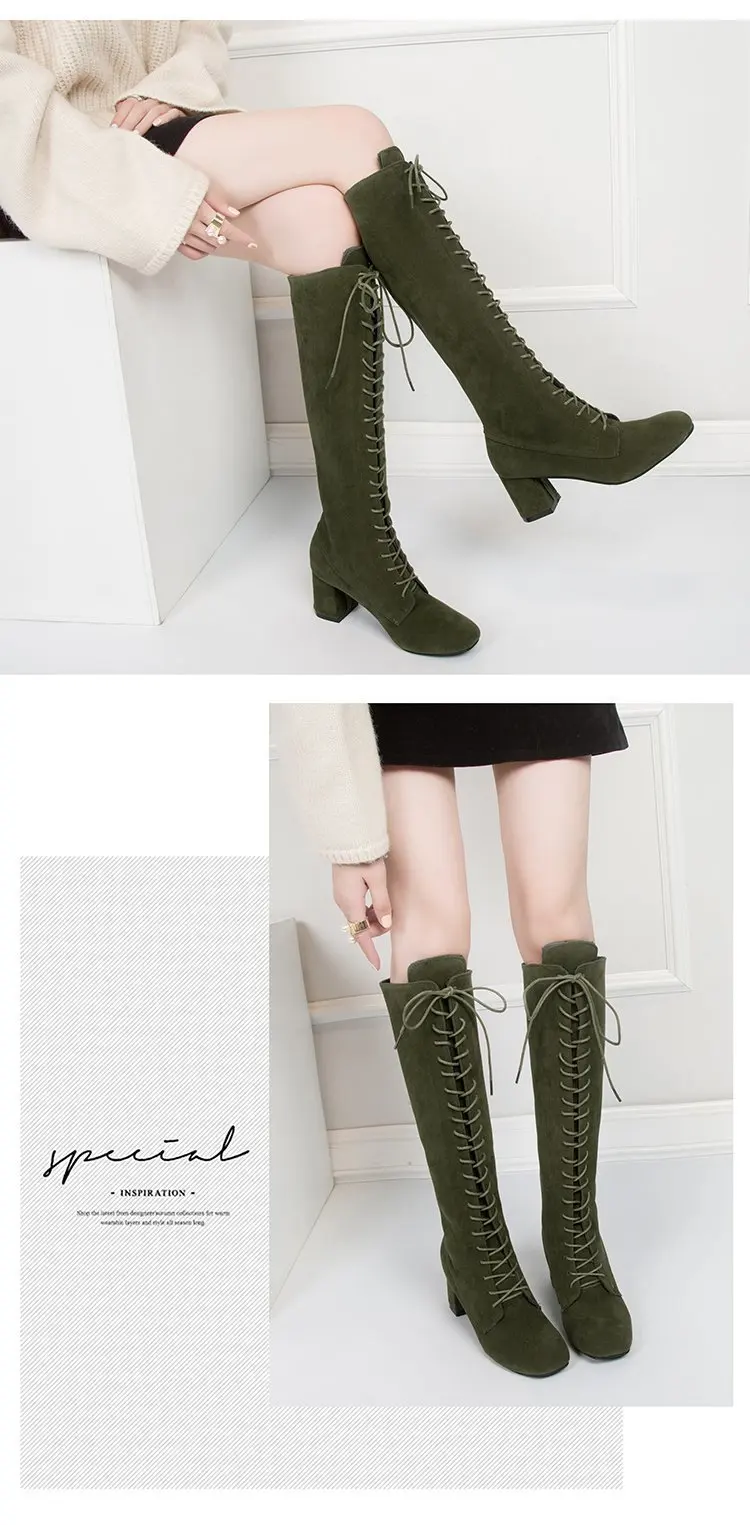Women's High Boots 2021 Autumn Winter Shoes Square Heel Cross-tied Fashion Knee High Boots Ladies Modern Boot Size43 Women Shoes