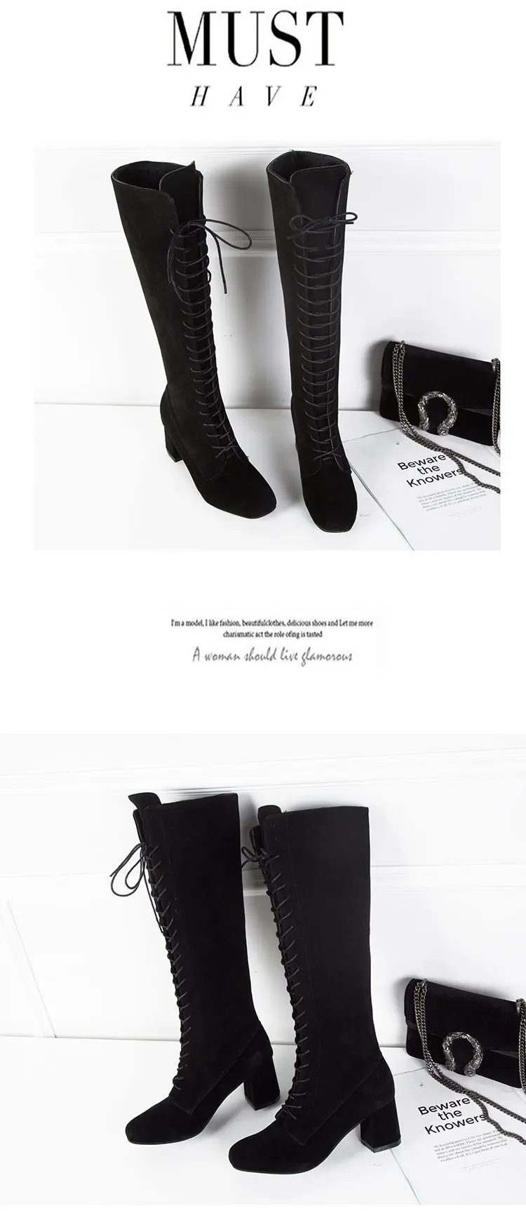 Women's High Boots 2021 Autumn Winter Shoes Square Heel Cross-tied Fashion Knee High Boots Ladies Modern Boot Size43 Women Shoes