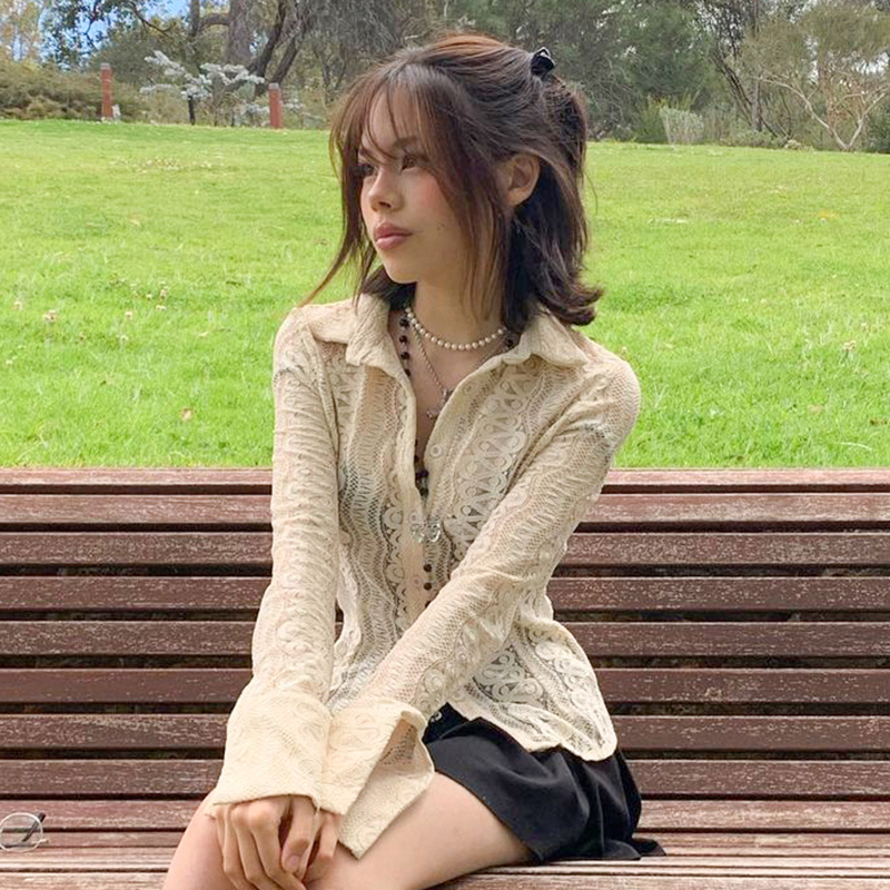 Solid Cute Lace Y2K Shirts See Through Elegant Sexy Long Sleeve Fairycore Tops Women Single Breasted Casual Cardigans