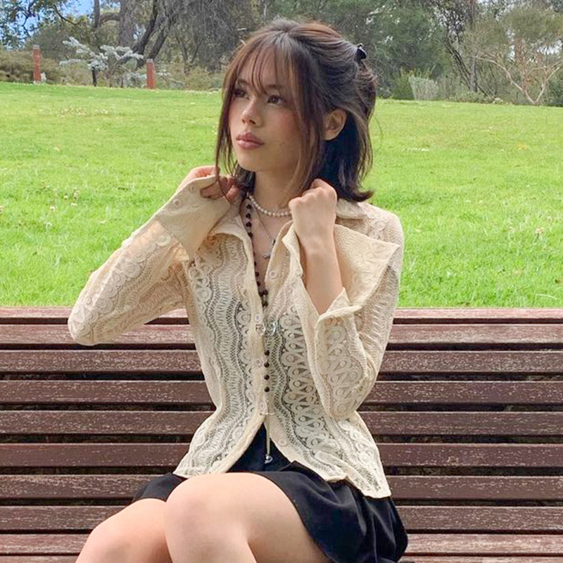 Solid Cute Lace Y2K Shirts See Through Elegant Sexy Long Sleeve Fairycore Tops Women Single Breasted Casual Cardigans
