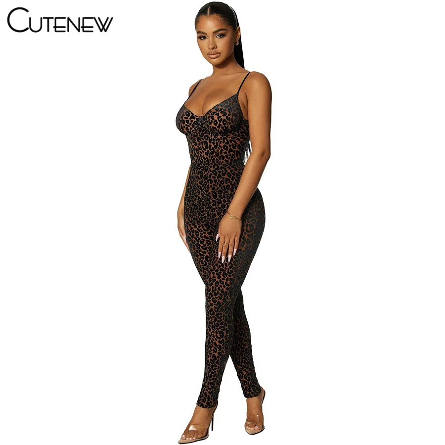 Y2K Leopard Print Skinny Casual Strap Jumpsuits Women Fashion Sexy Sleeveless Backless Slim Stretch Lady Party Clubwear
