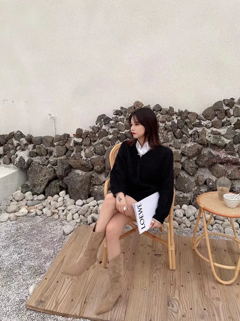 Women's Autumn Shoes Nubuck Leather Stiletto Mid-calf Boots Women Fashion Pumps Winter Black Pointed Toe High-heeled Boots Woman