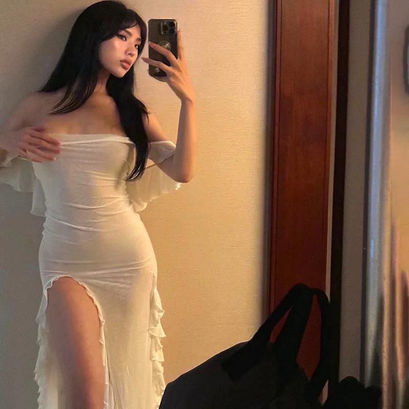 Bodycon Dress See Through Y2k Clothes Sleeveless Vestidos De Mujer Spaghetti Strap White Club Outfits For Women Sexy Streetwear