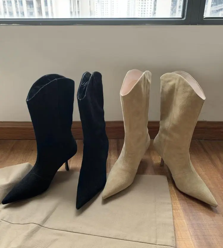 Women's Autumn Shoes Nubuck Leather Stiletto Mid-calf Boots Women Fashion Pumps Winter Black Pointed Toe High-heeled Boots Woman